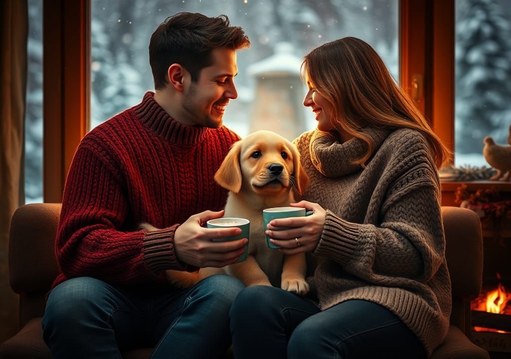 Cozy Couple with Puppy by Fireplace: Digital Painting