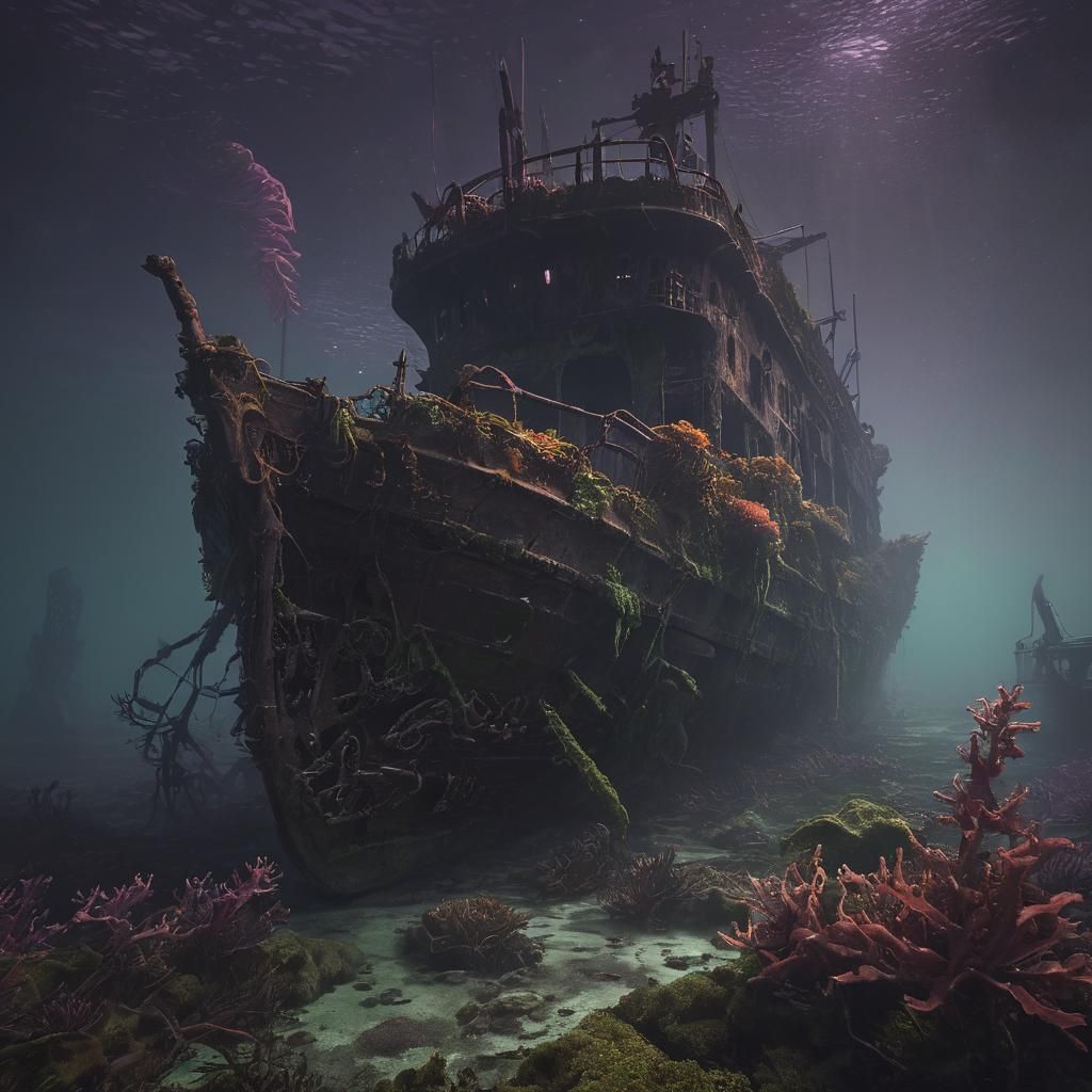 Sunken Ship with Squid in Dark Fantasy Style