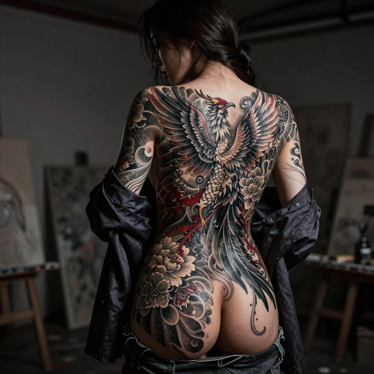 Cinematic Portrait: Woman Reveals Intricate Black & Grey Pho...