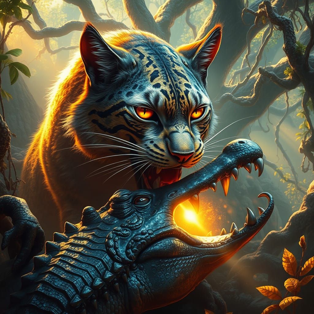 Majestic Cat Devours Ancient Crocodile in Dreamlike Scene