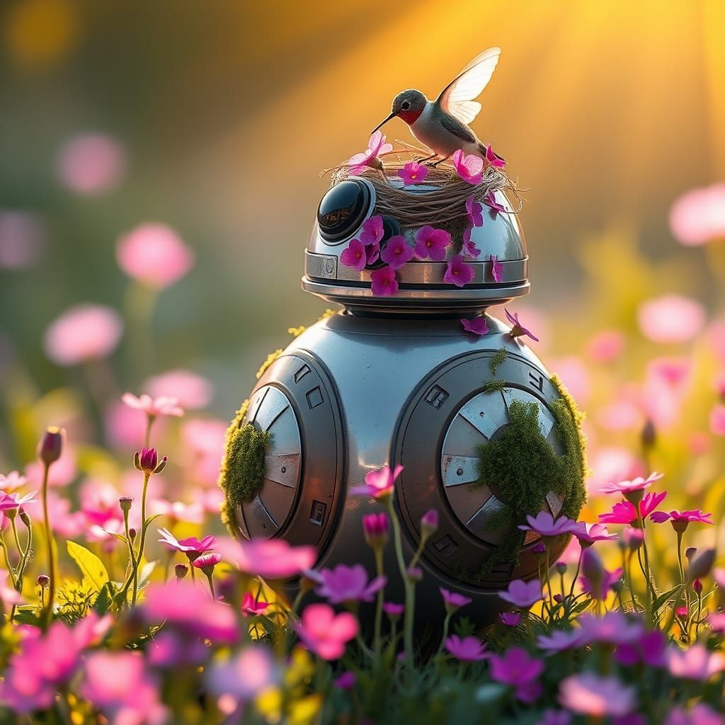 BB8 Robot in Wildflower Meadow: Hyperrealistic HDR