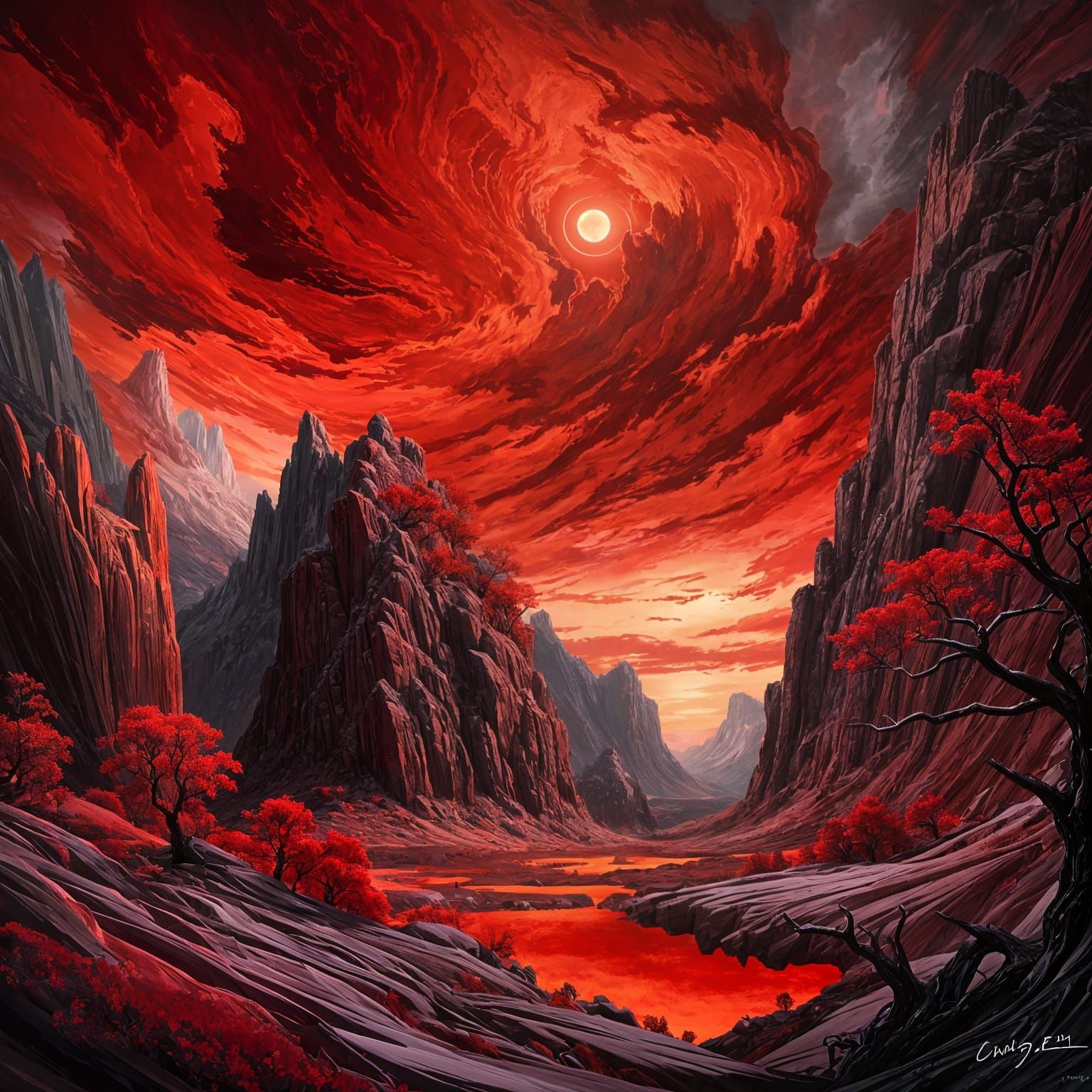 Dark Cliff Landscape with Crimson Moon, Digital Illustration