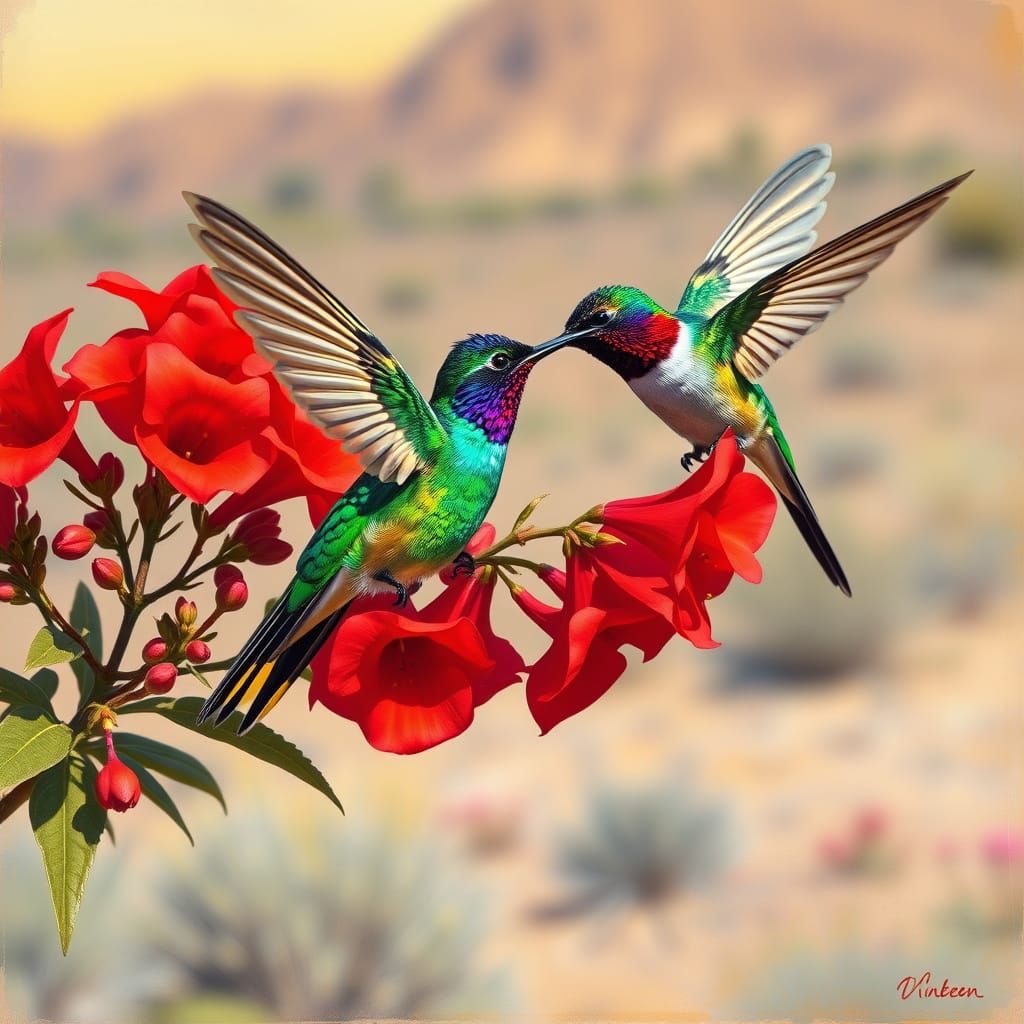 Vibrant Hummingbirds in a Desert Oasis, Inspired by the Mast...