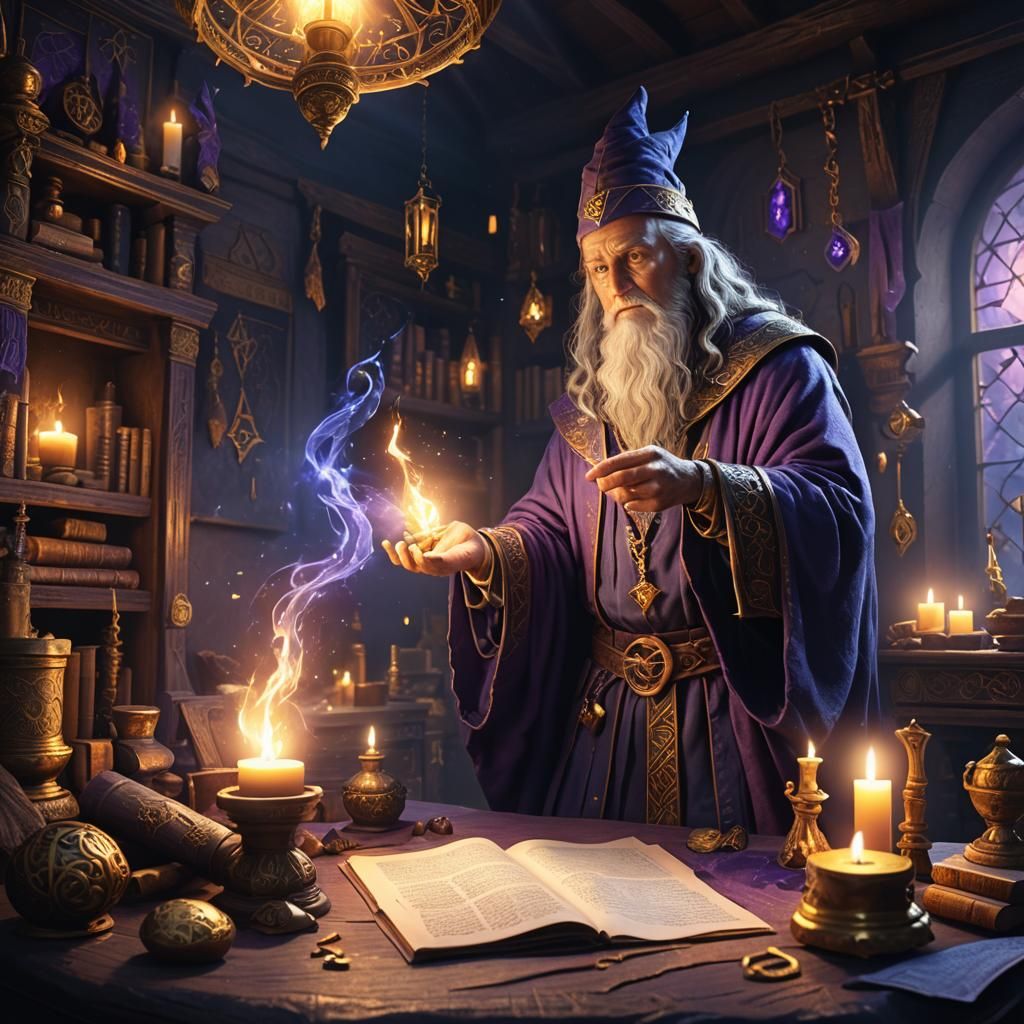 Wizard Practicing Magic Spells: Fantasy Concept Art