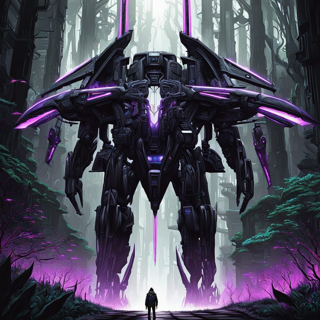 Glowing Tree Portal Guardian in a Cyberpunk Forest