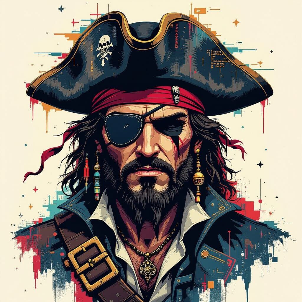 Pirate Captain Portrait with Digital Glitch Art