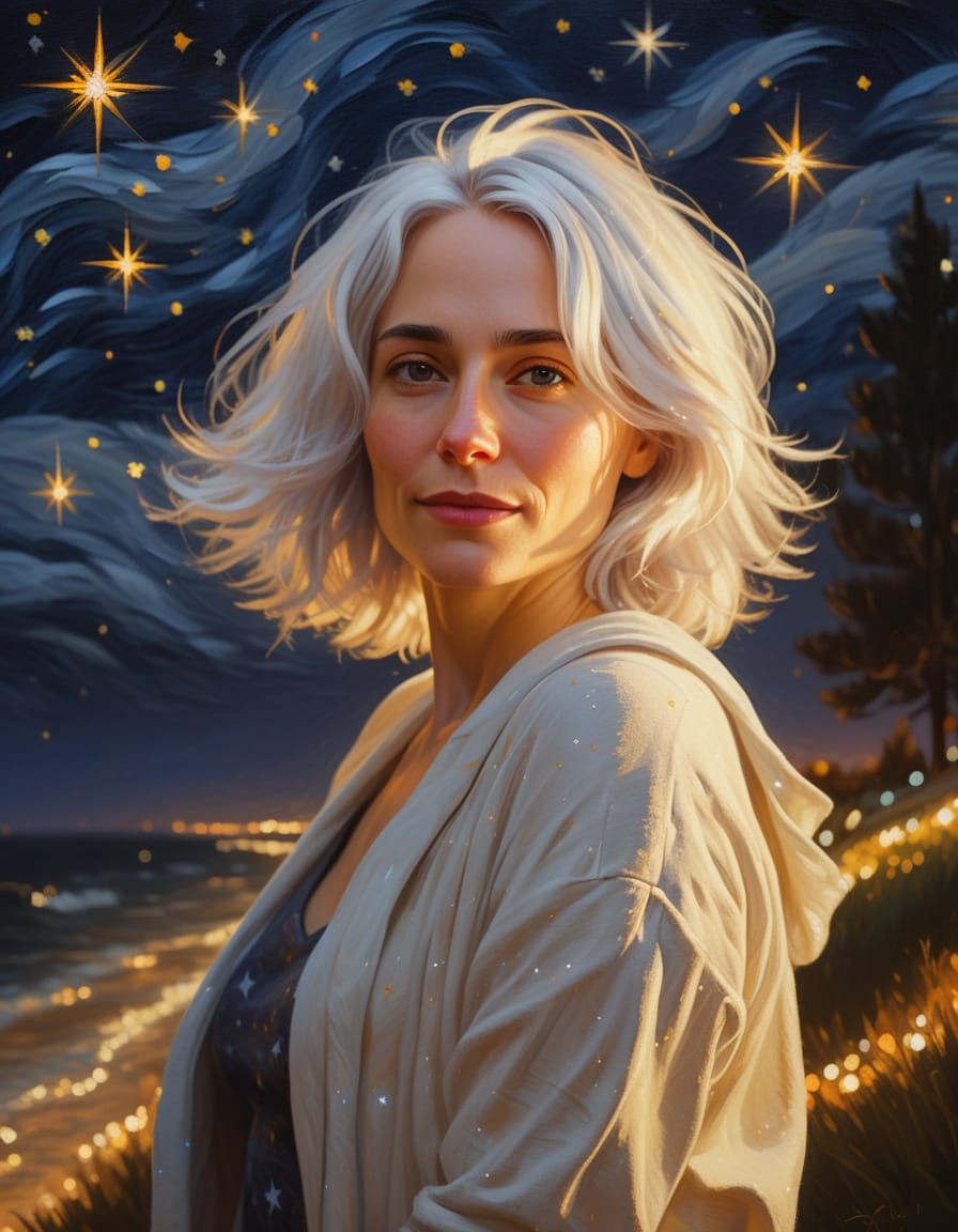 Romantic Realism Portrait of Woman Under Starry Night Sky