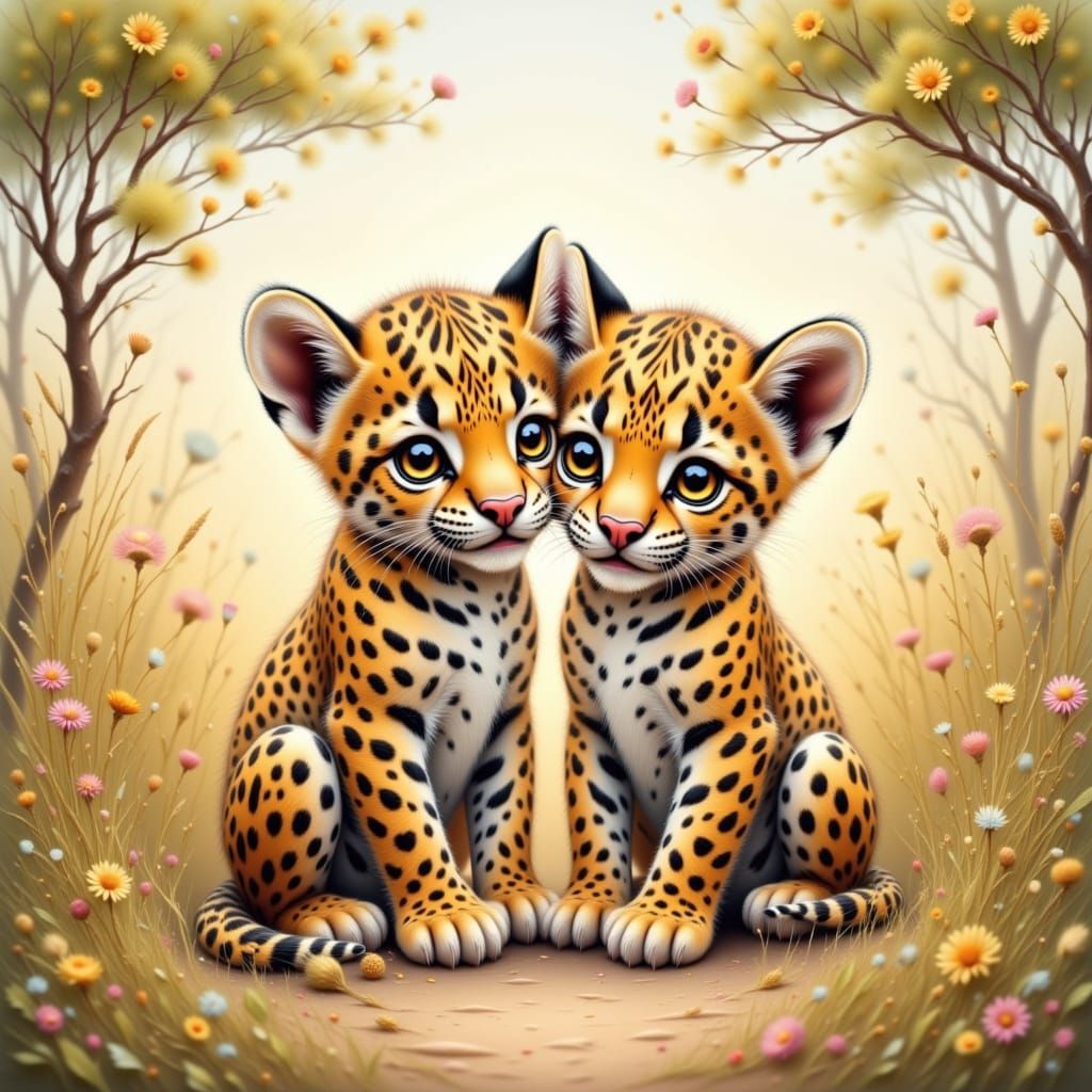 Leopard Cubs Playing in Sunny Savannah