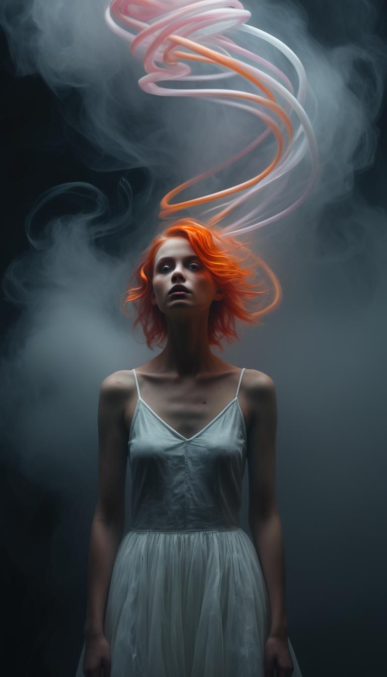 Woman , Whimsical, dark white orange pink and red spirals, D...