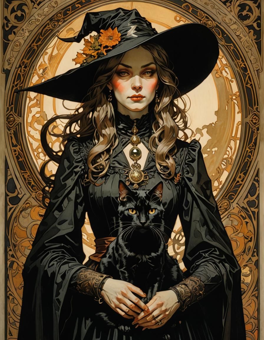 Art Nouveau Witch Portrait with Black Cat