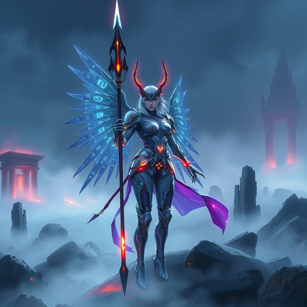 Cybernetic Valkyrie Warrior on Misty Battlefield