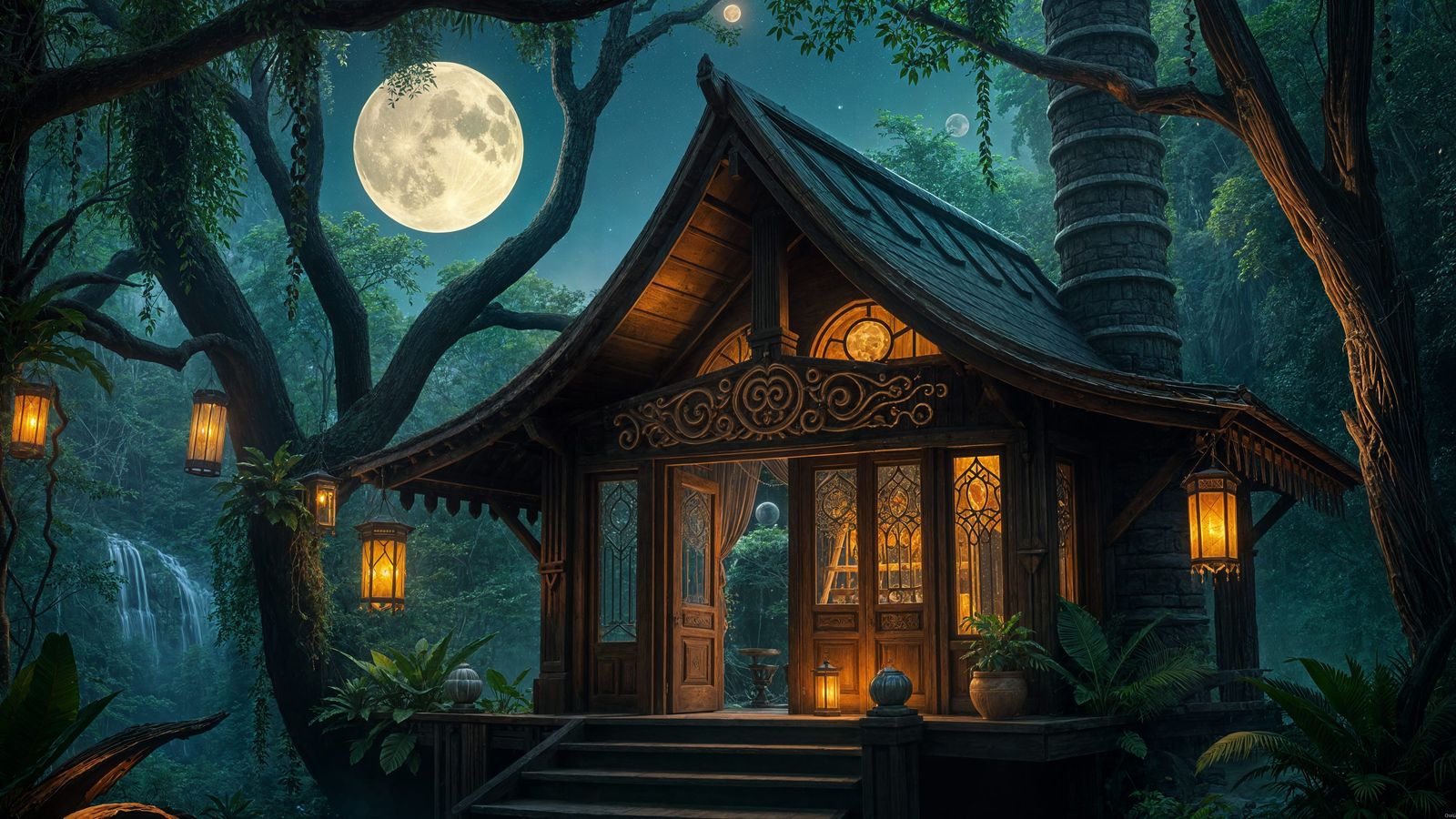 Elven Cabin in Jungle Canopy Under Starry Moonlit Sky