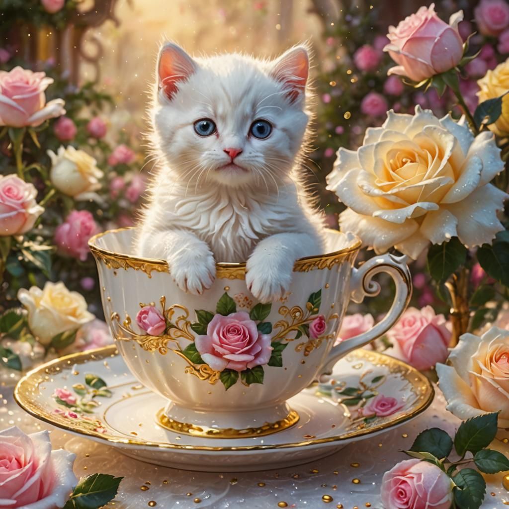 Kitten in Teacup with Roses: Hyperrealistic Splash Art