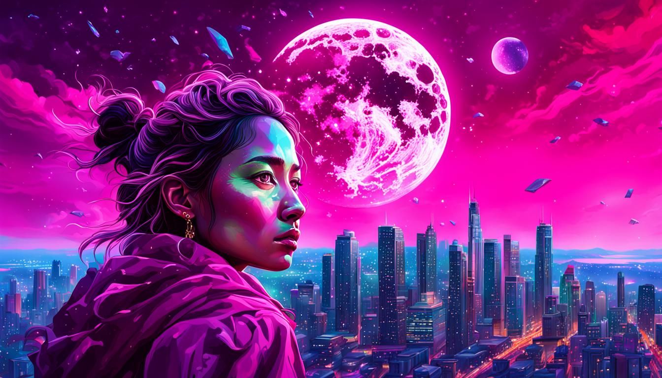 Jade Moon Over City: Hyperrealistic Sparkling Art