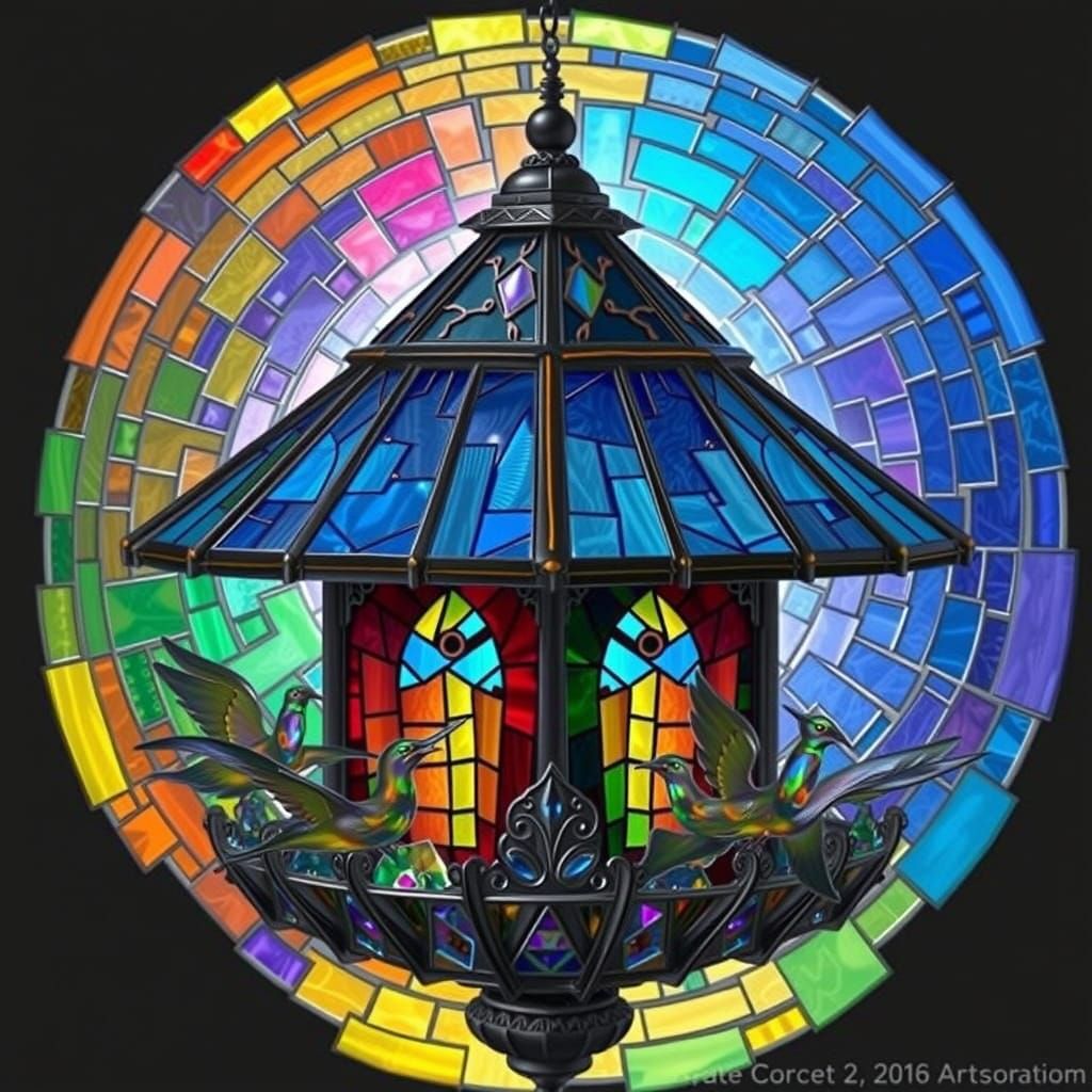 Rainbow Glass Mosaic Birdhouse in Matte Painting Style