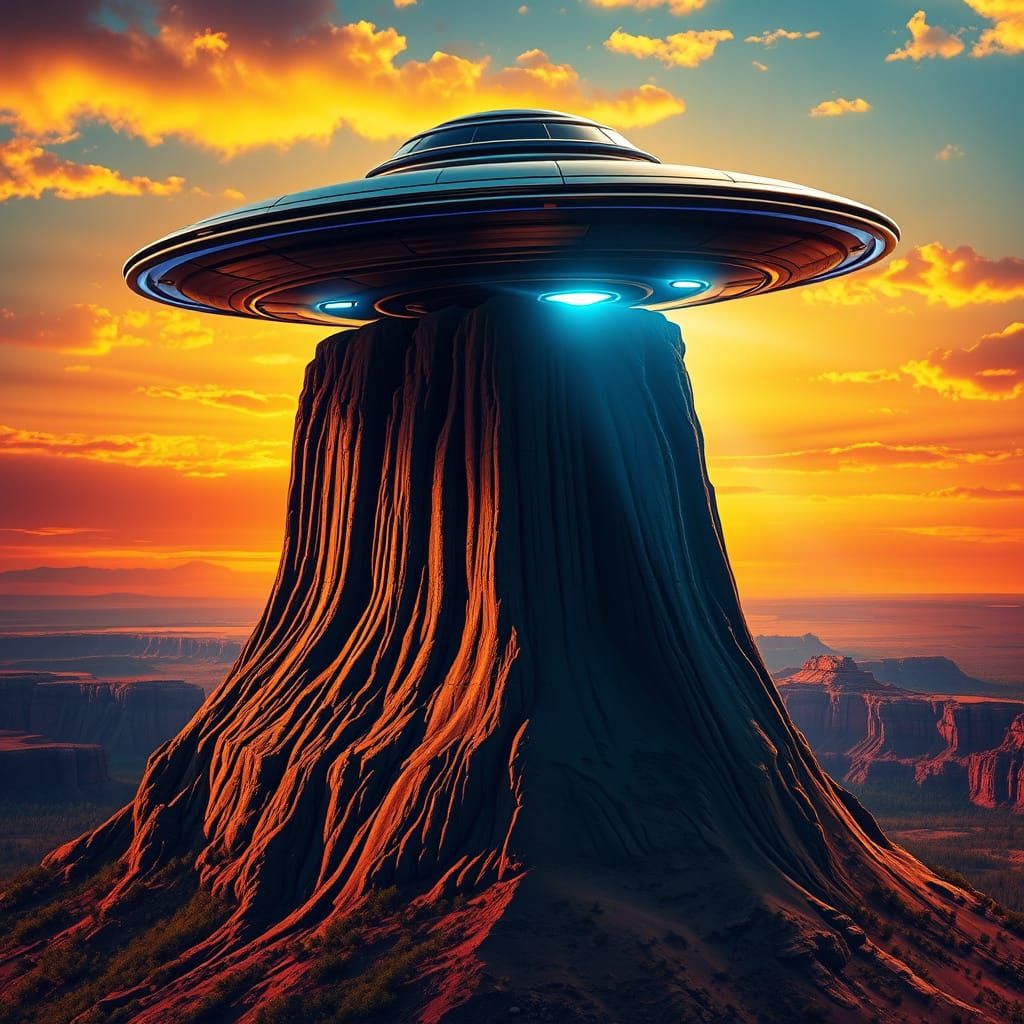 Hyperrealistic UFO Depiction Above Devils Tower at Sunset