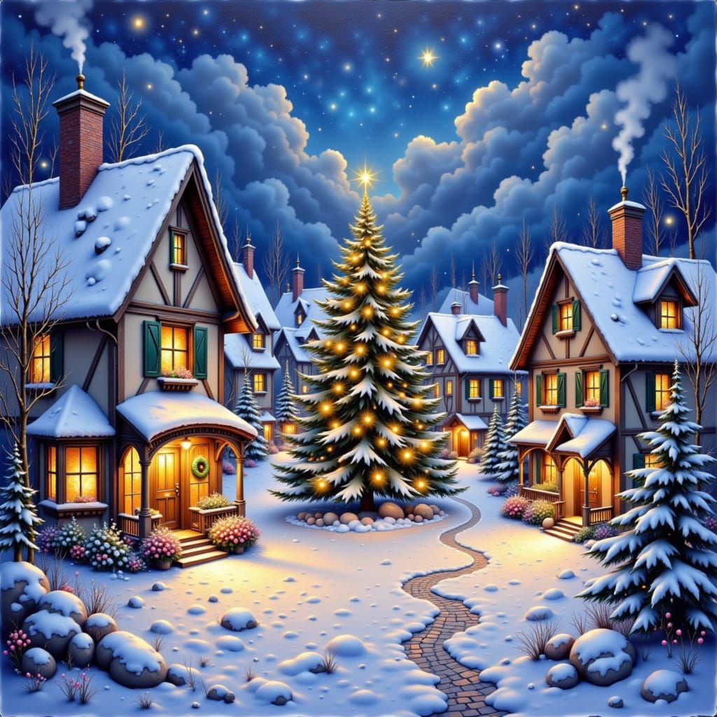 Brightly Lit Christmas Village at Night