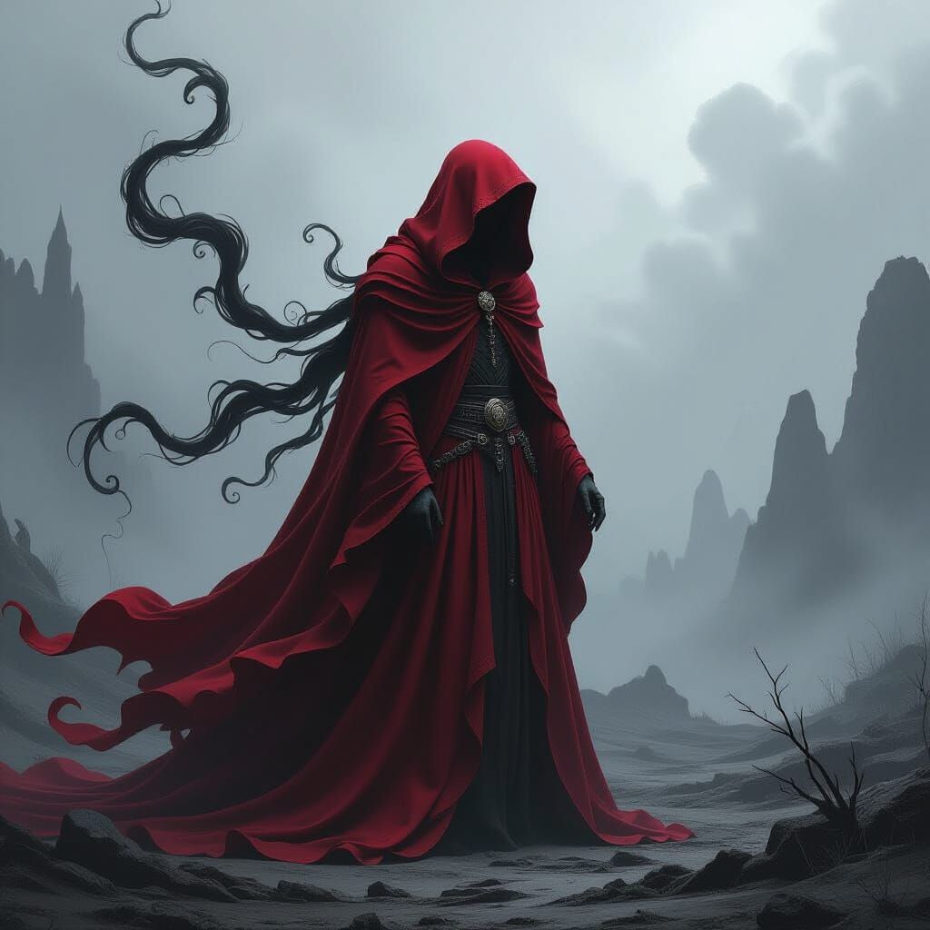 Mysterious Crimson Cloaked Figure in Swirling Black Mist