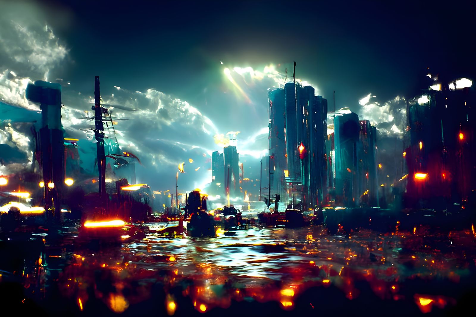 Giant Dystopian Nightscape in Retro Synth-wave Style