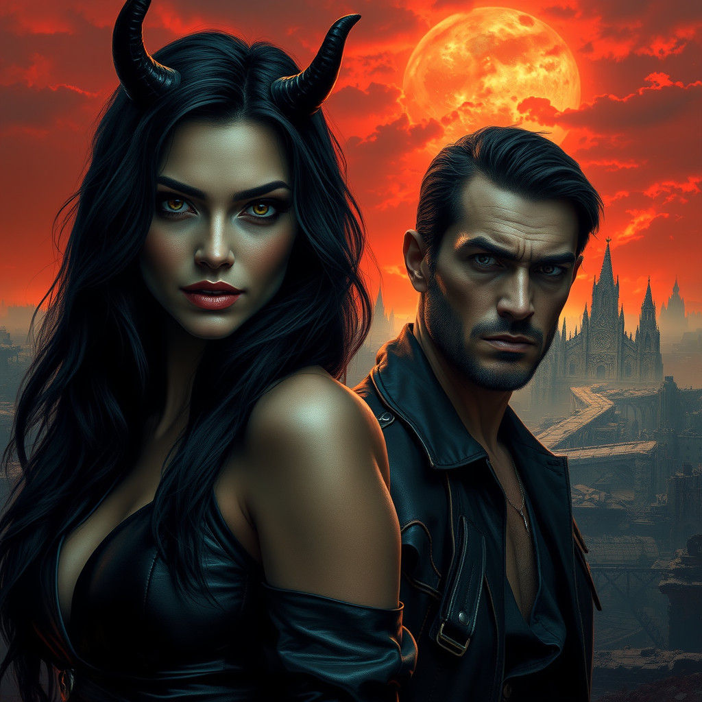 Darkly Majestic Woman in Apocalyptic Cityscape