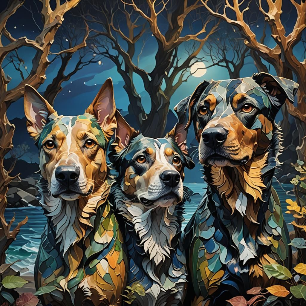 Dog, Brother, and Sisters in Ocean Forest: Splash Art