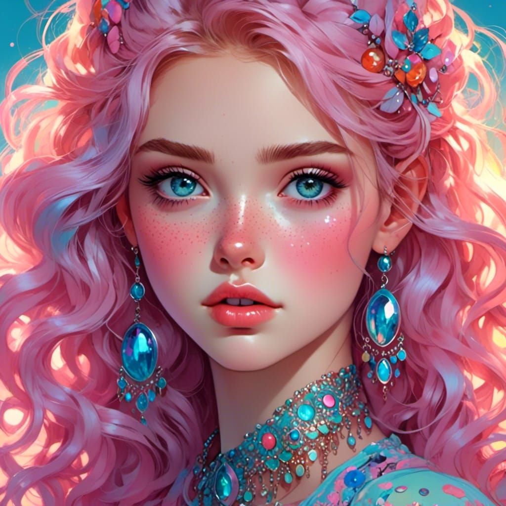 Freckled Girl in Rainbow Dress: Anime Art