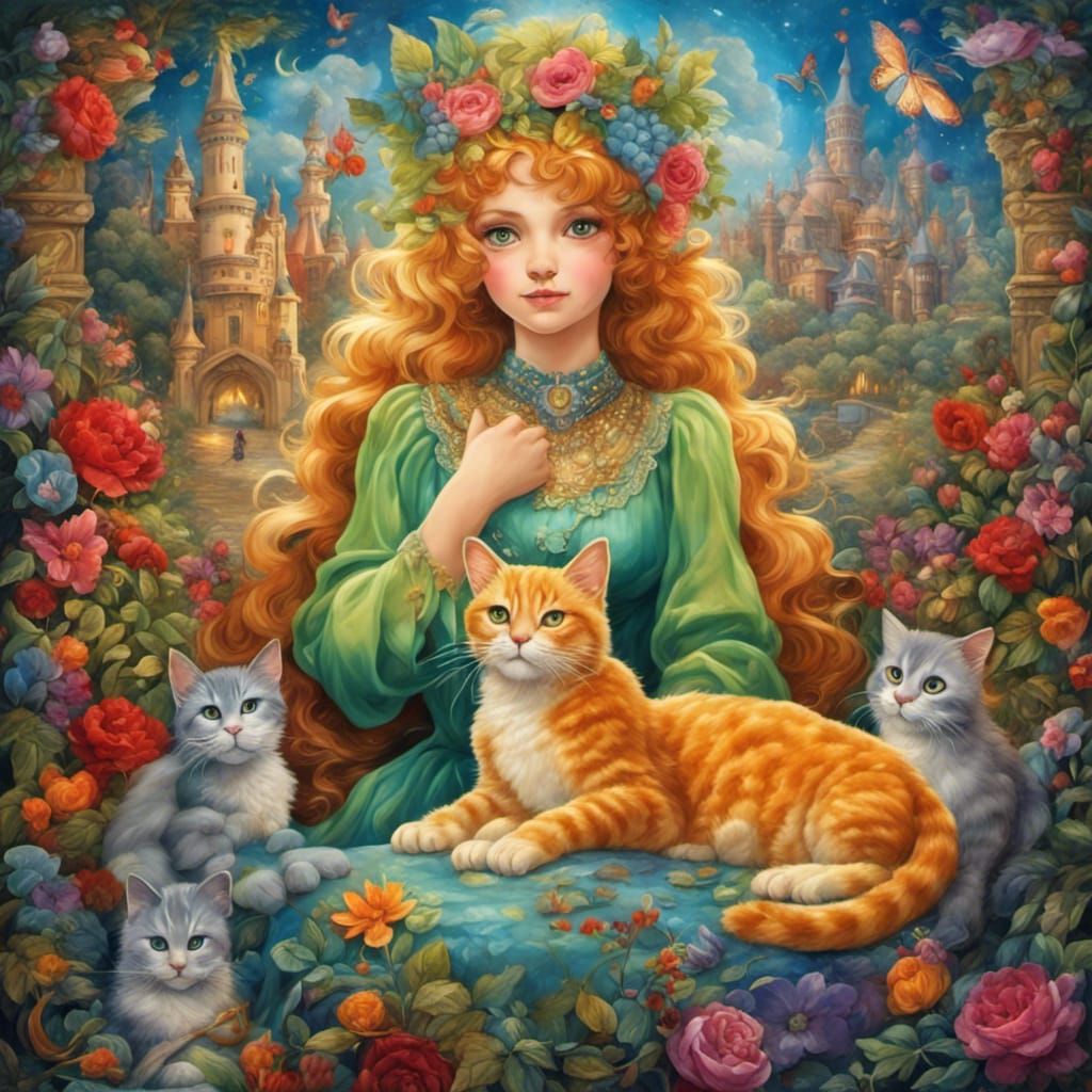Princess in Paradise Garden with her Cats