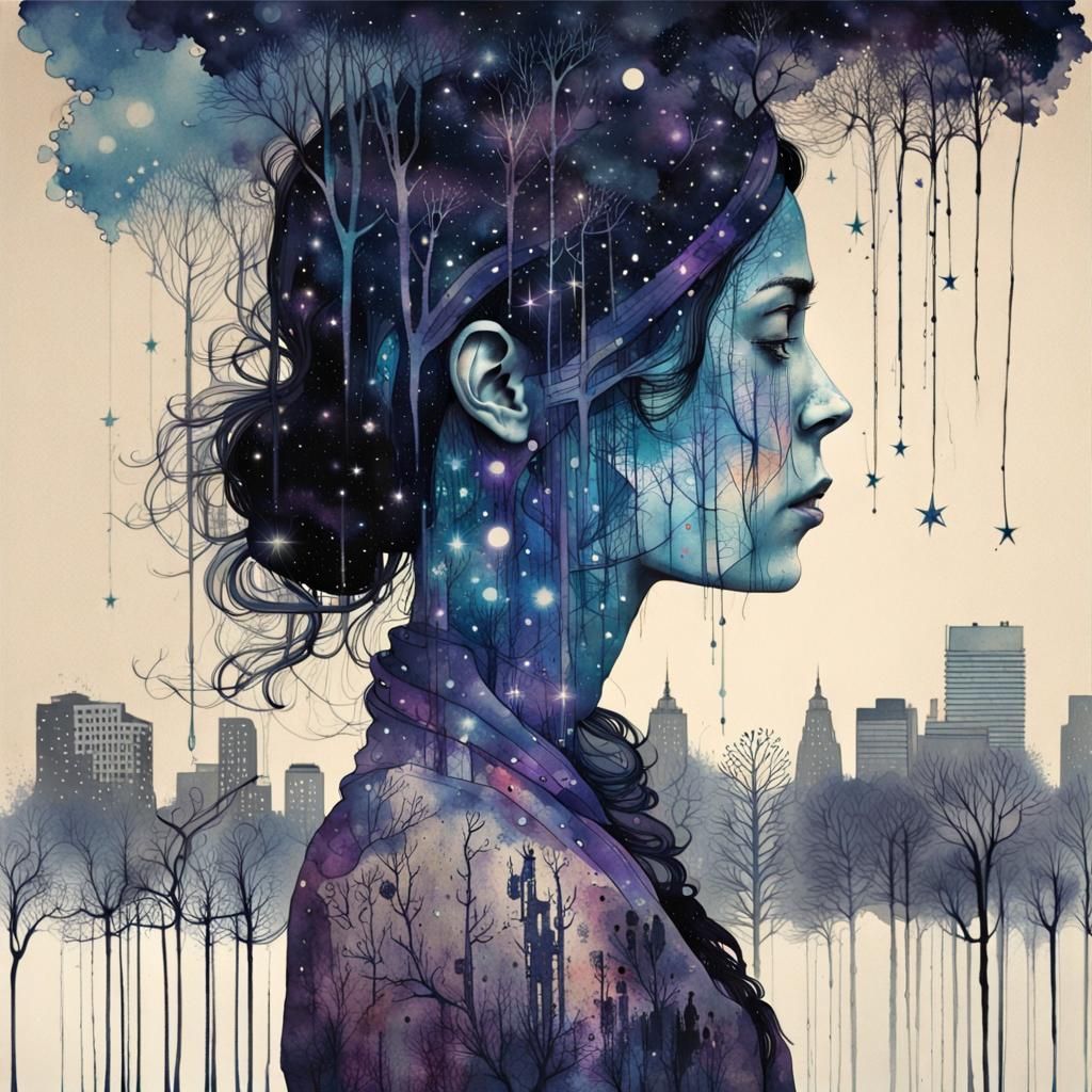 Surreal Double Exposure: Galaxy Dripping into Cityscape