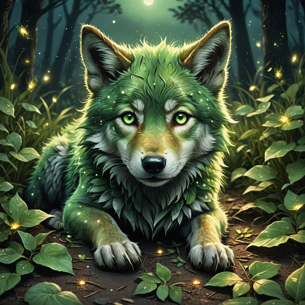 Adorable Green Wolf in a Magical Forest
