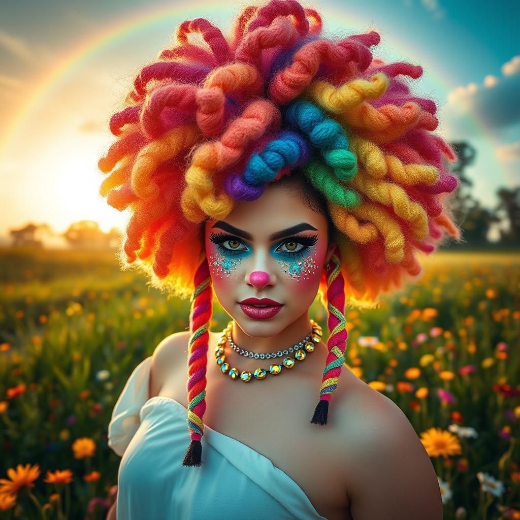 Kaleidoscopic Clown in Meadow: Digital Art