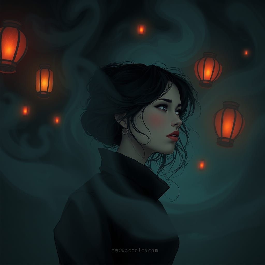 Pensive Woman Surrounded by Mist, Digital Art