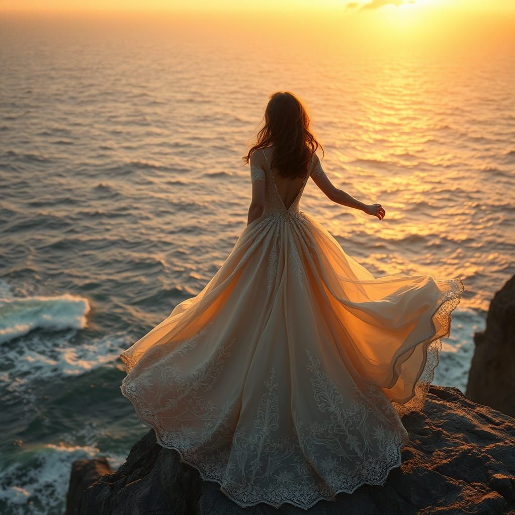 Girl in Silk Gown Dancing at Sunset