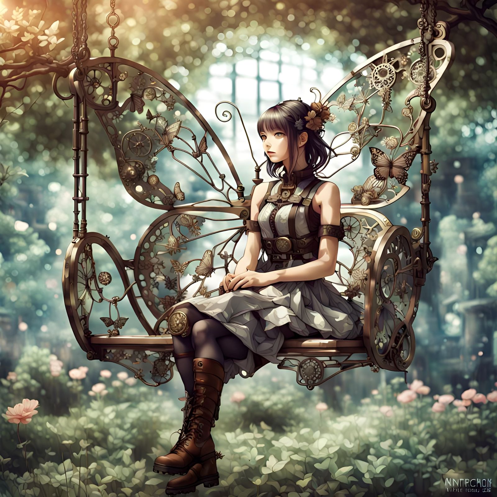 Girl on steampunk metallic butterfly swing