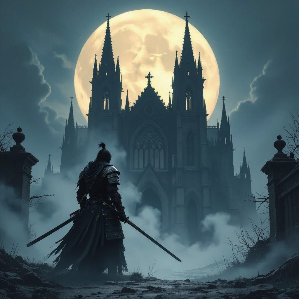 Samurai Guards Gothic Cathedral Under Halloween Moon