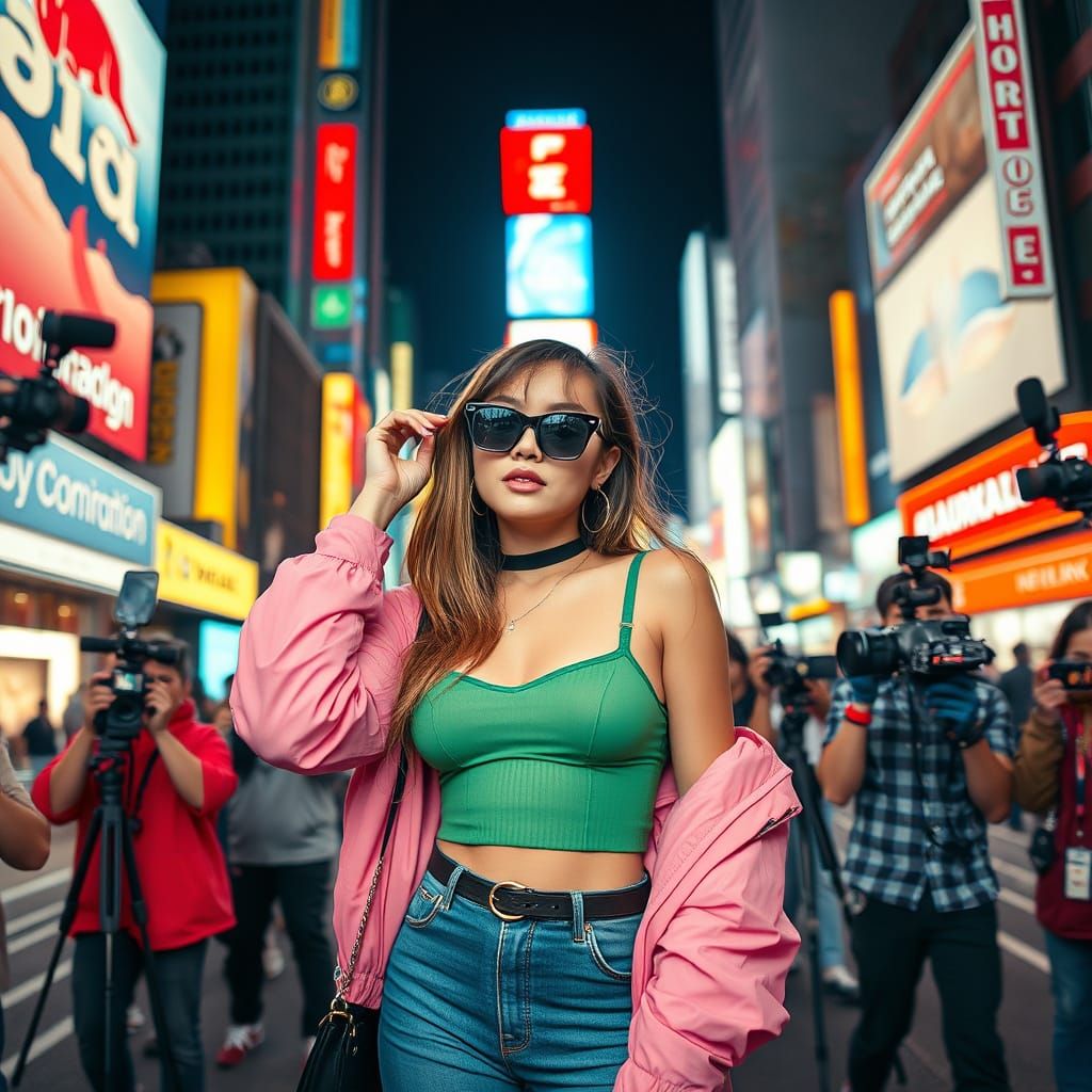 Vibrant City Goddess Shines Under Neon Spotlight