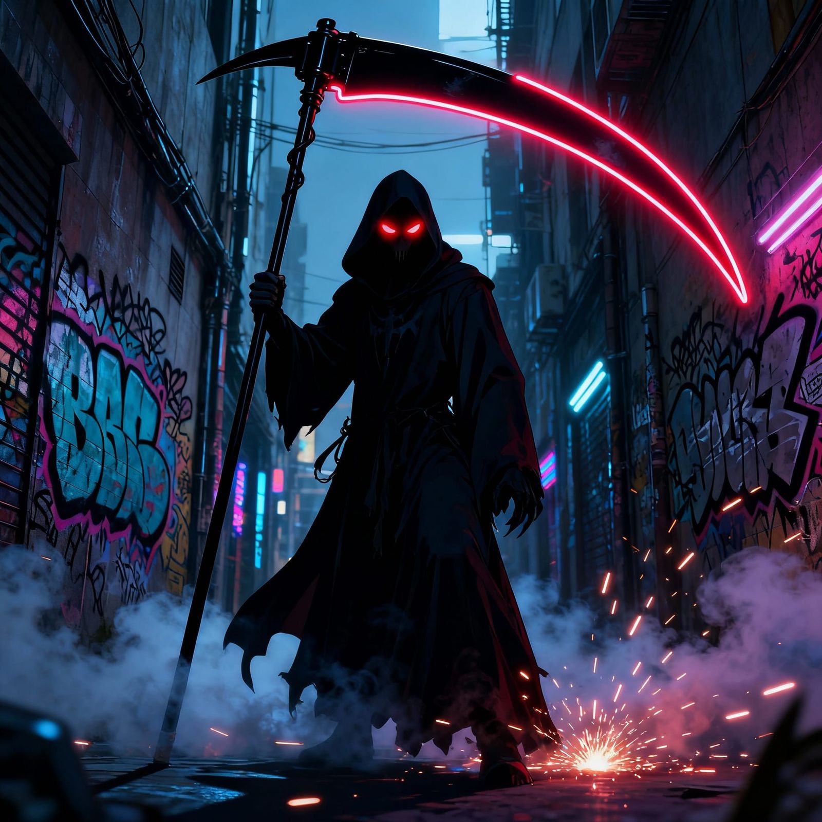 Cyberpunk Anime Reaper with Neon Scythe in Alley