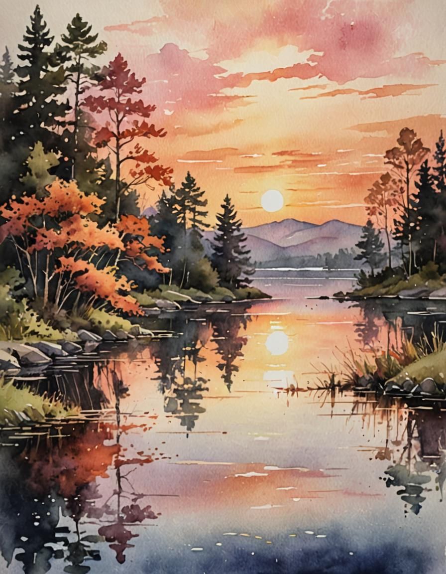 Serene Lake Sunset in Antique Watercolor Style