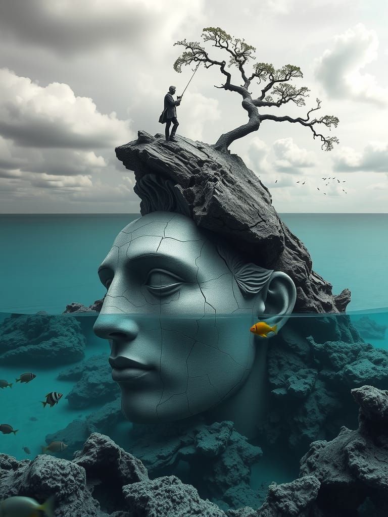 Surrealist Scene of Rebirth from Turquoise Depths