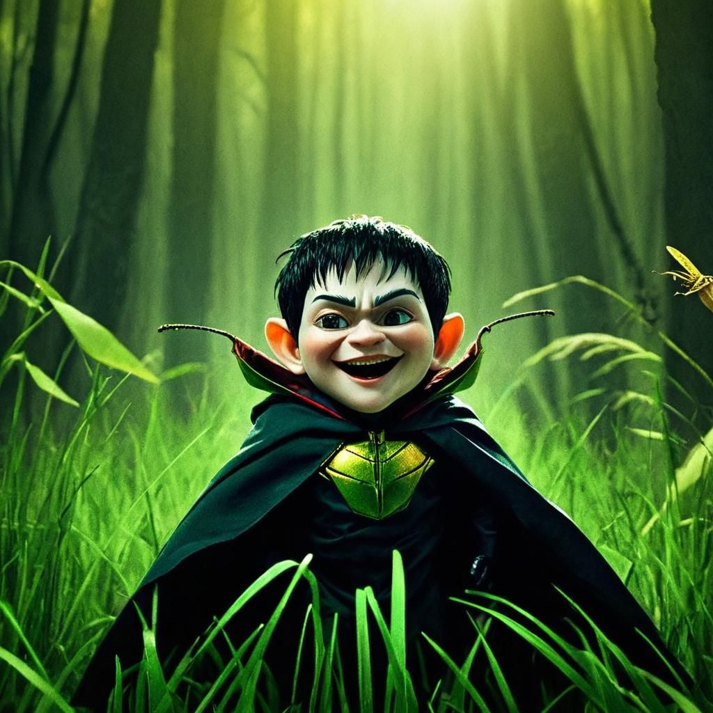 Person Rides Golden Grasshopper in Sunlit Forest