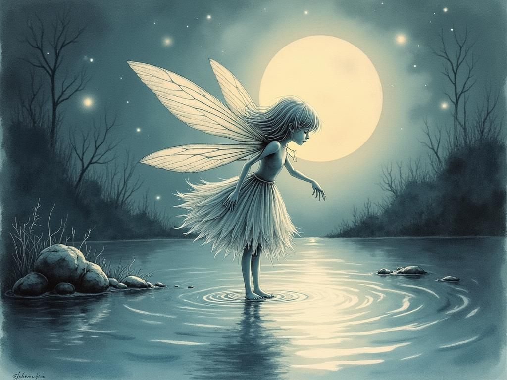 Fairy Dancing on Pond in Watercolor Pencil Sketch