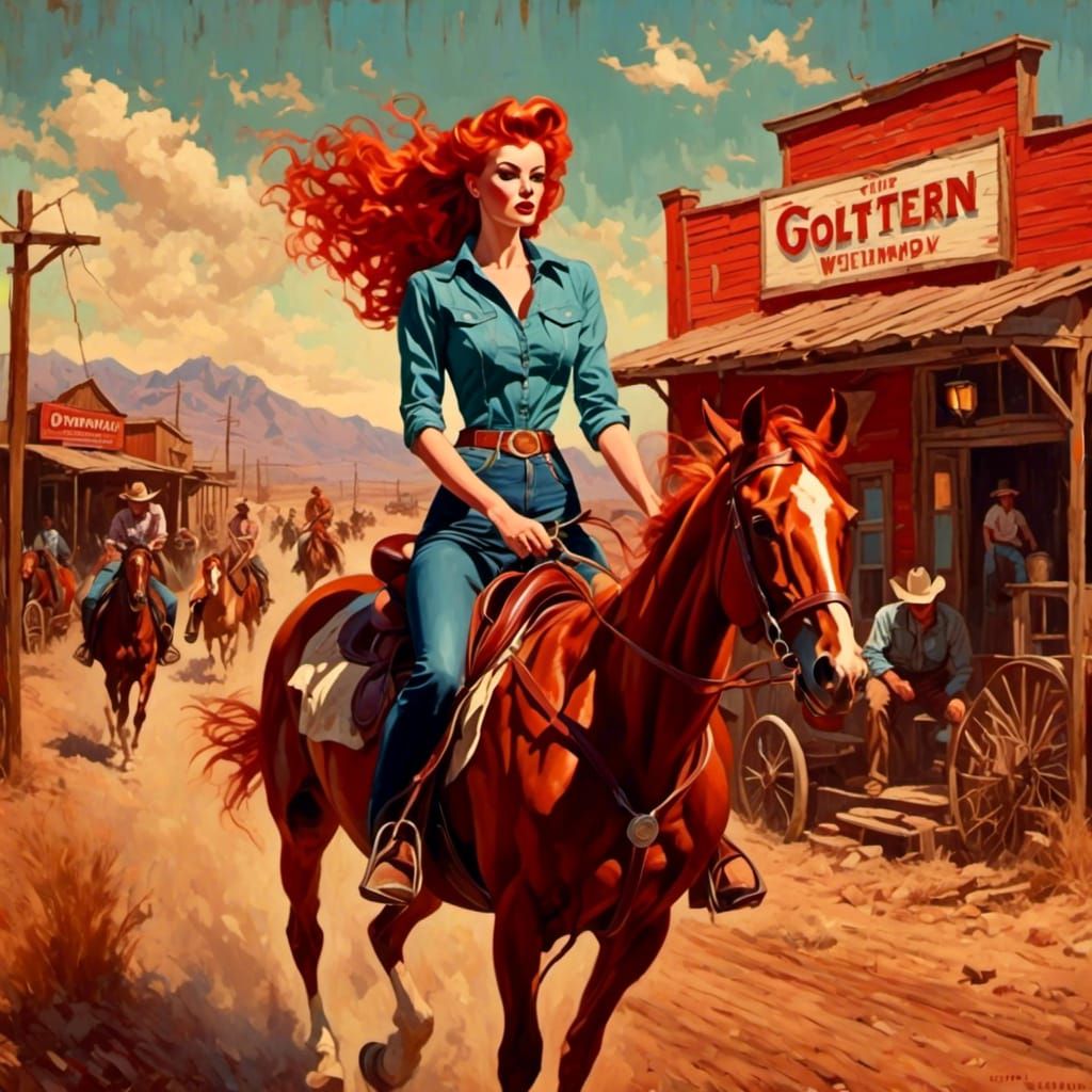 Red-Haired Woman Rides into Western Town