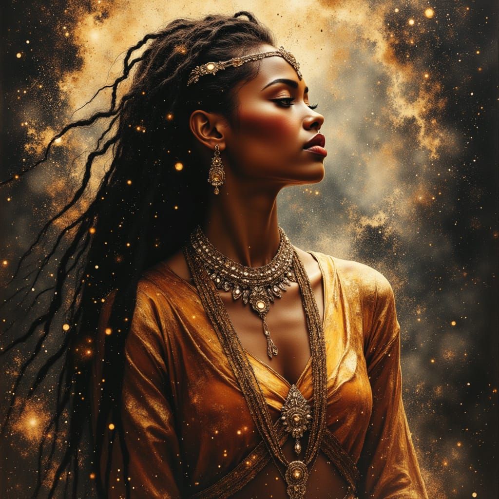 Regal African Goddess in Cosmic Nebula