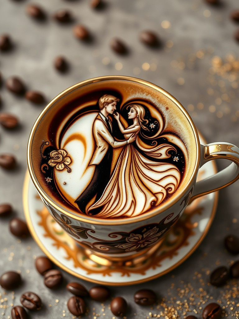 Dancing Latte Art Couple in Porcelain Cup