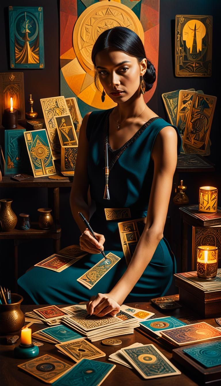 Cubist Female Designer in Tarot Card Studio