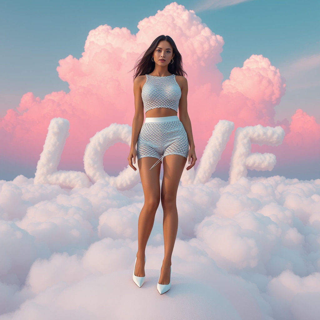 Woman on Cloud Platform in Pink Sky