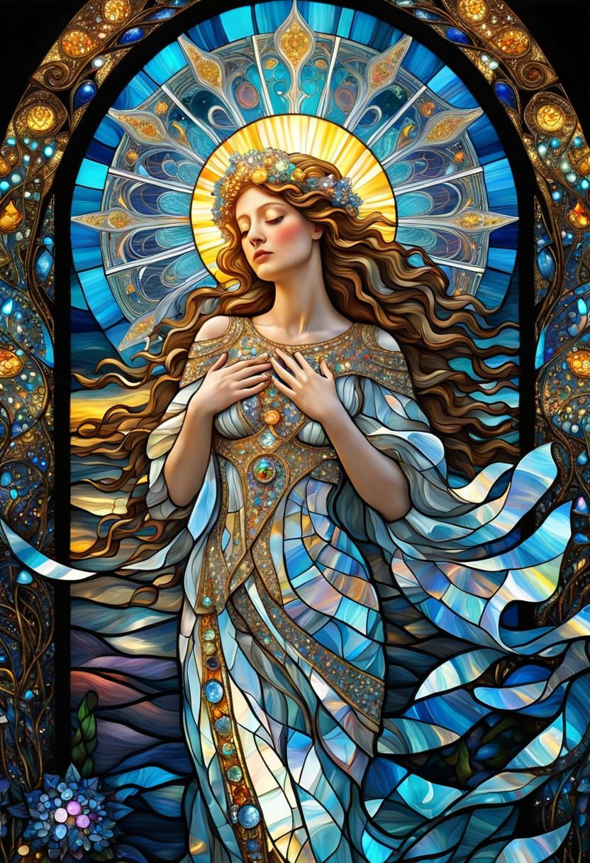 Tiffany Style Stained Glass Maiden Amidst Celestial Holograp...