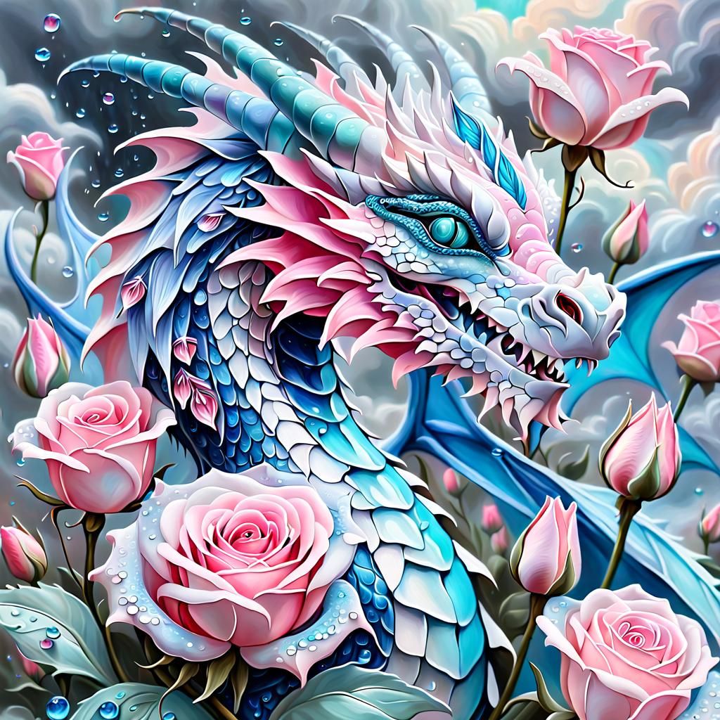 Dragon with Rose in Dreamy Oil Painting Style