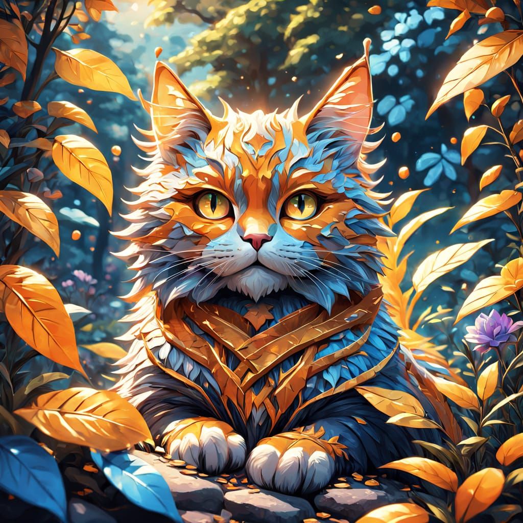 Vibrant Fantasy Cat in Whimsical Forest Oasis