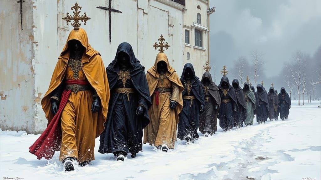 Monastic Procession in Snowy Landscape