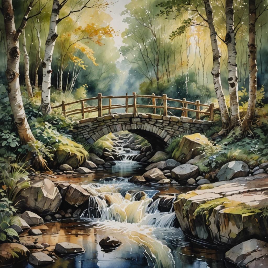Victorian Watercolour: Stream in Birch Wood
